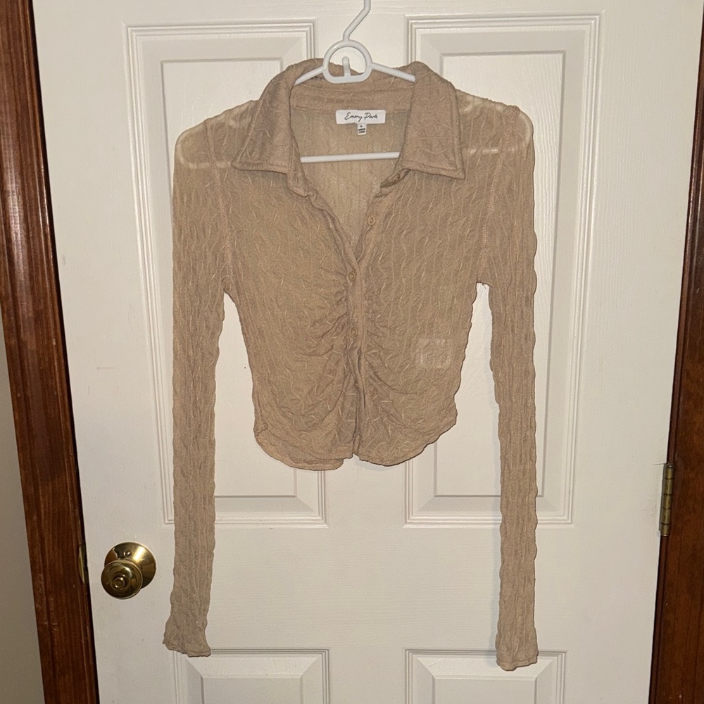 Mesh Cropped Tan Button-Down